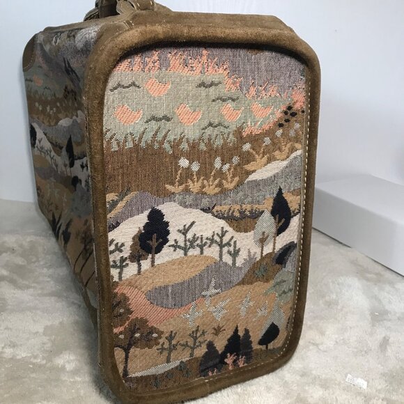 Vtg French Luggage Co Tapestry Brown Suede Luggage Set Countryside with Unicorn - Picture 15 of 16